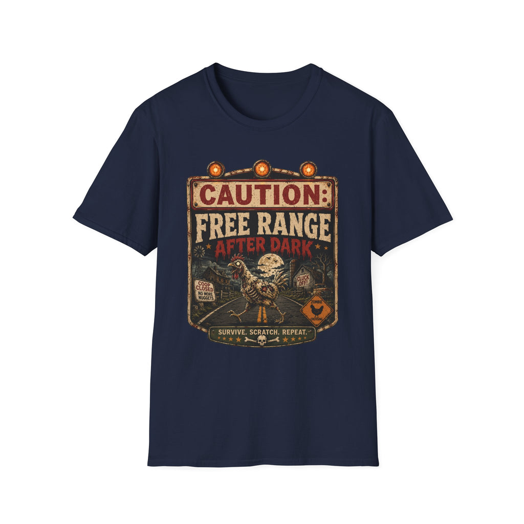 Zombie Chicken Crossing at Night T-Shirt — Spooky Halloween Poultry Tee