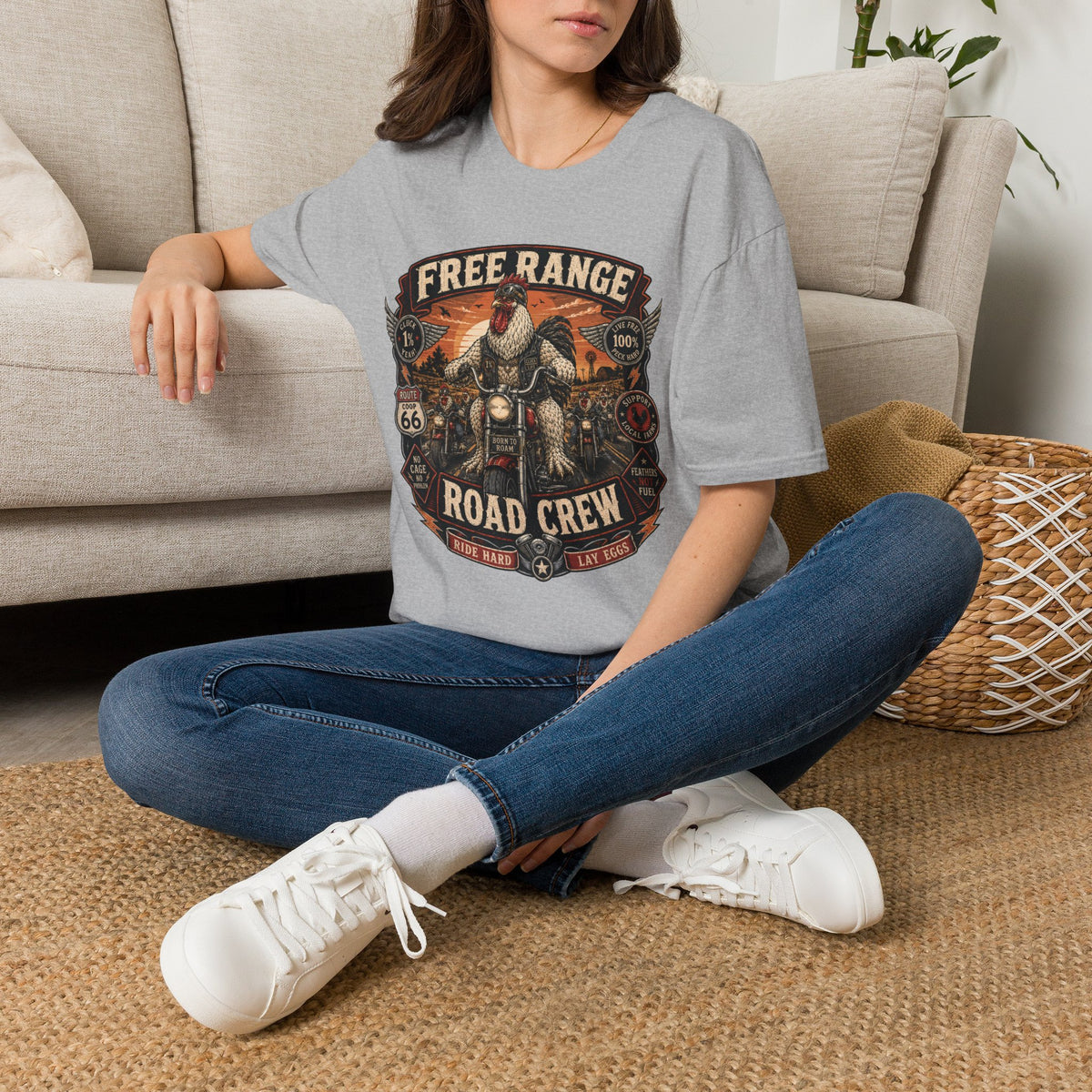 Free Range Road Crew Brahma T-Shirt — Biker Rooster Graphic Tee