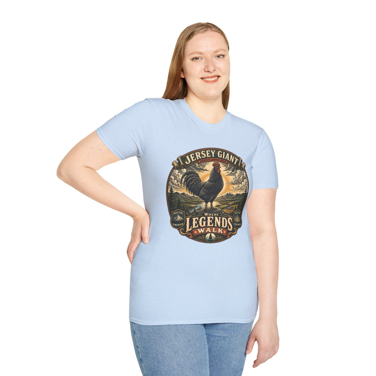 Jersey Giant Heritage Badge T-Shirt — America's Largest Breed Rooster Tee