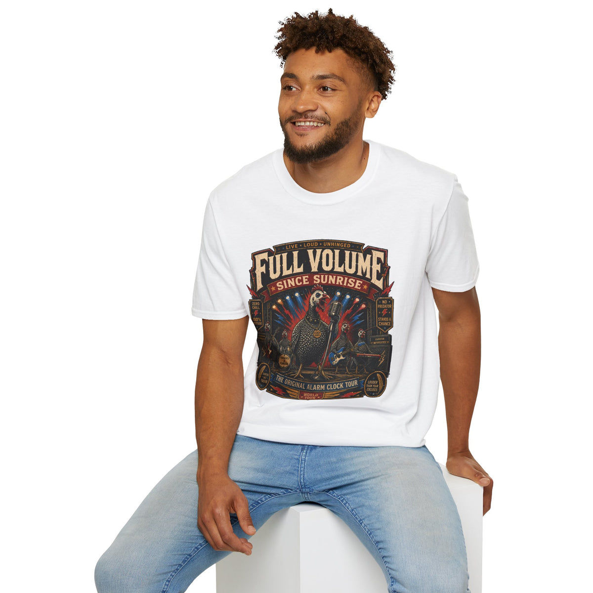 Full Volume Since Sunrise Guinea Fowl T-Shirt — Rock Concert Poultry Poster Tee