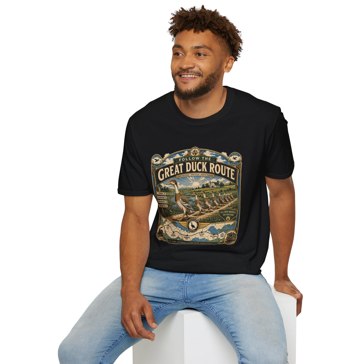 Follow the Great Duck Route T-Shirt — All Who Waddle Are Welcome Tee