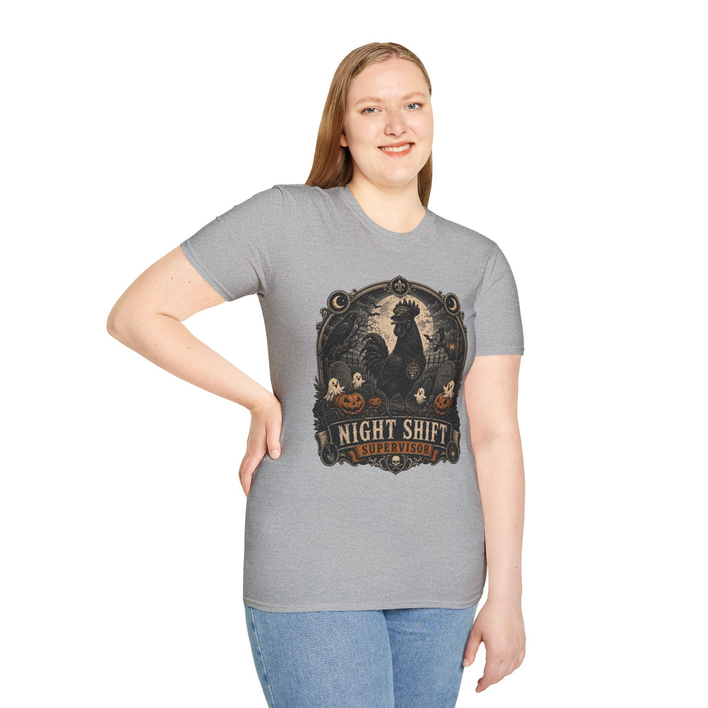 Night Shift Supervisor Ayam Cemani T-Shirt — Caretaker Rooster Graphic Tee