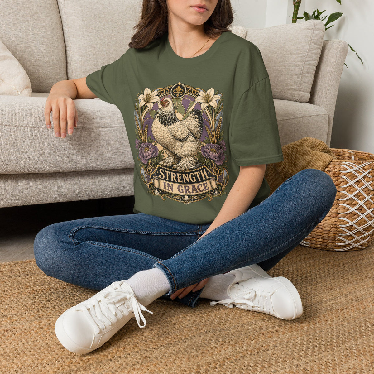Strength in Grace Brahma Hen T-Shirt — Botanical Rooster Art Tee