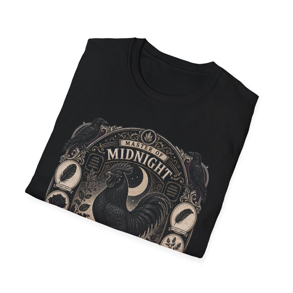 Master of Midnight Feathers Ayam Cemani T-Shirt — Gothic Rooster Graphic Tee