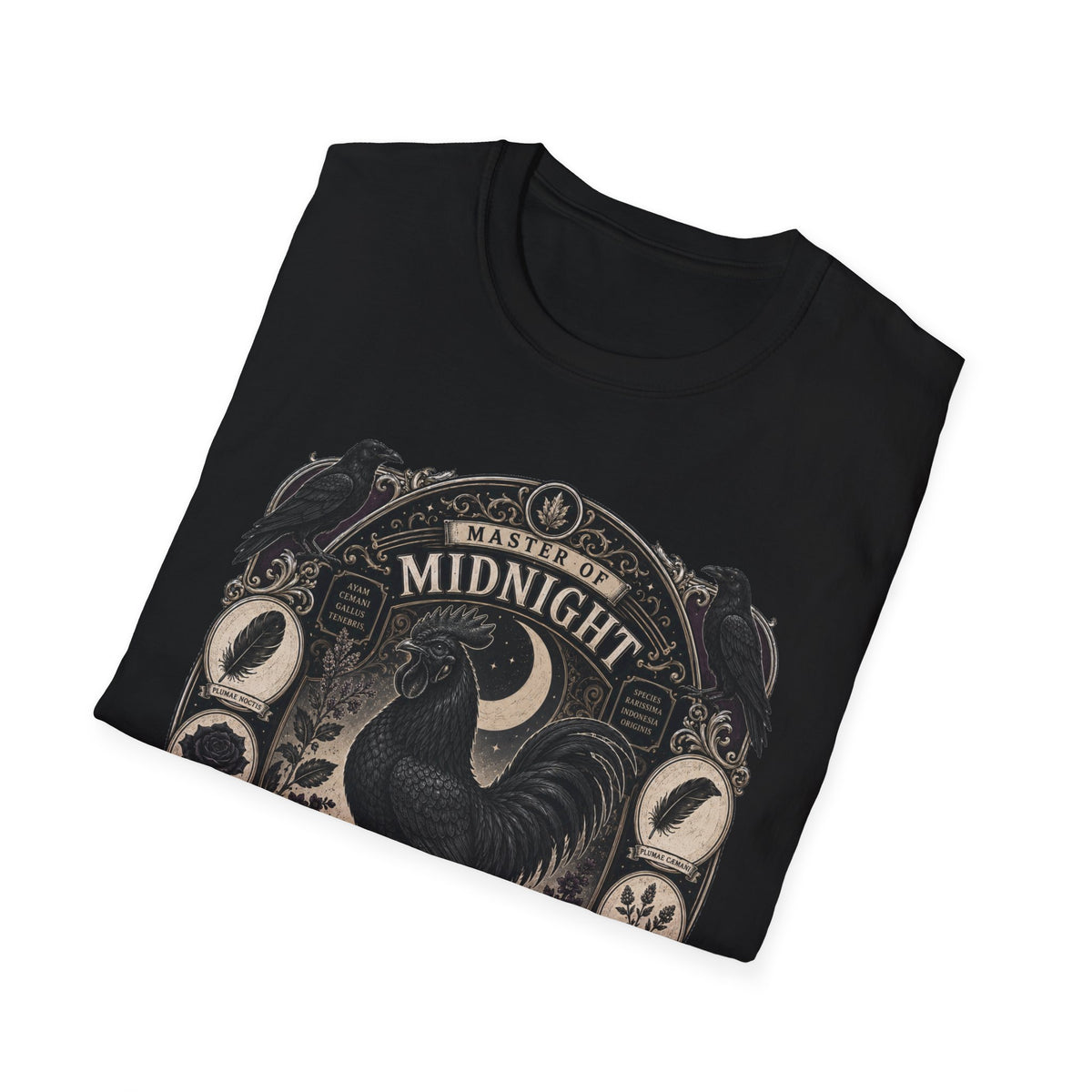 Master of Midnight Feathers Ayam Cemani T-Shirt — Gothic Rooster Graphic Tee