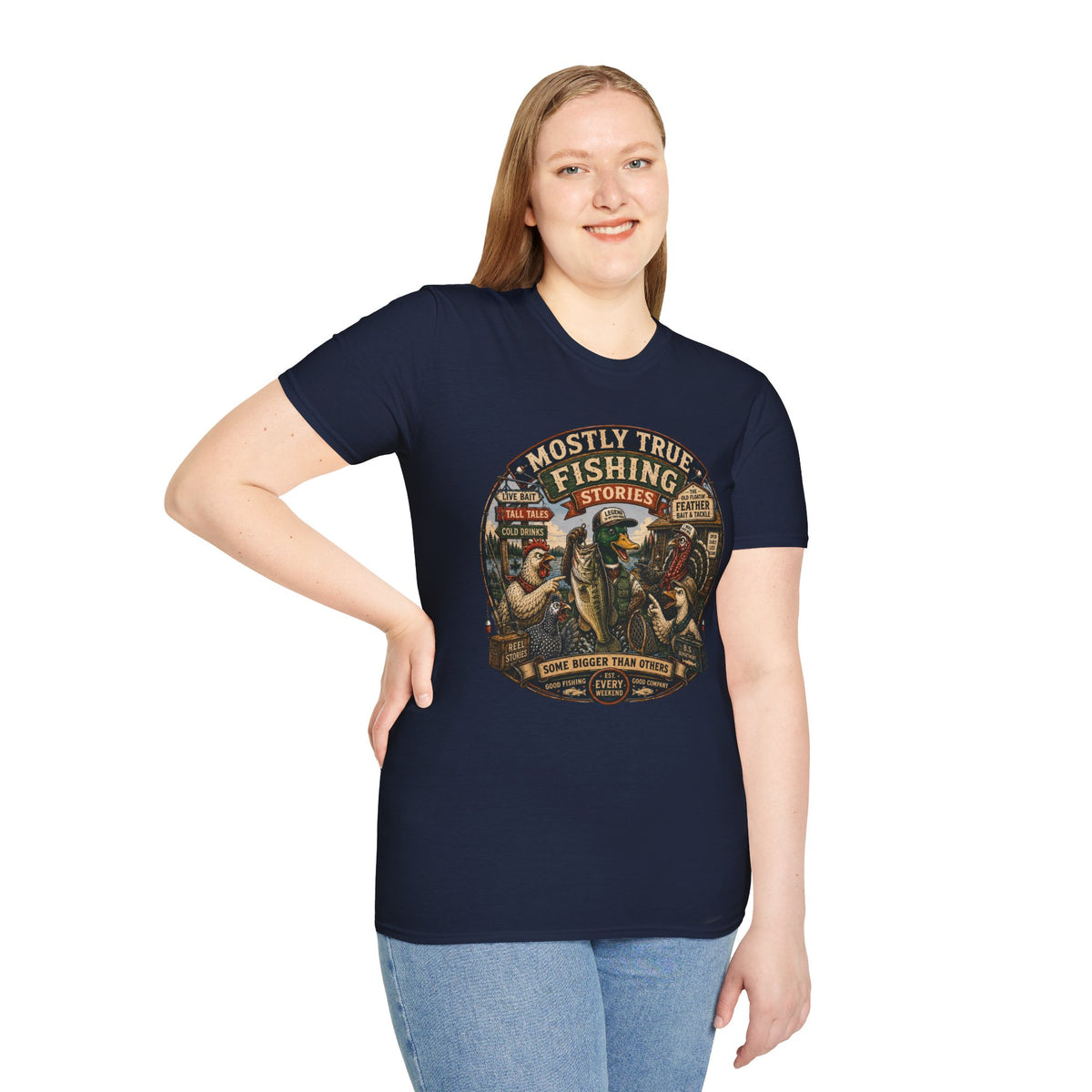 Fishing T-Shirt — "Mostly True Fishing Stories" Vintage Outdoor Tee
