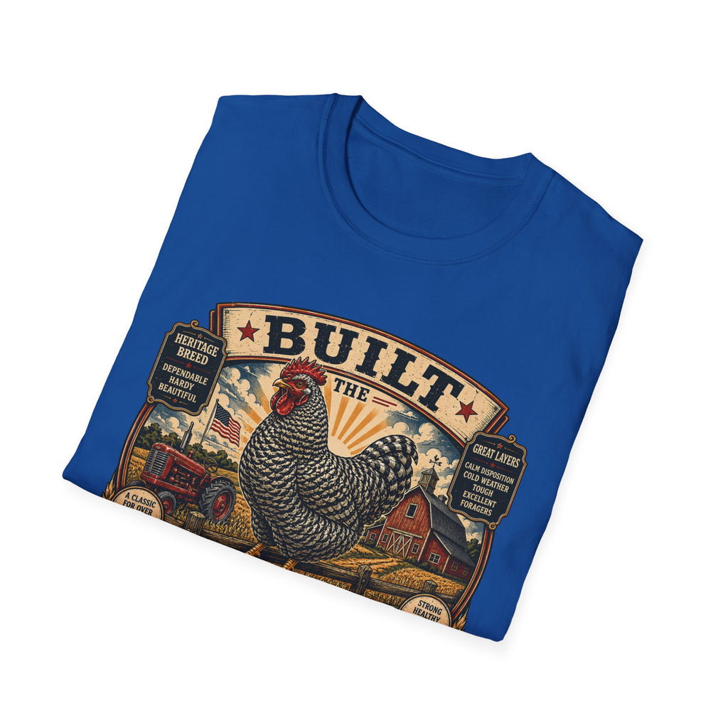 Barred Rock Rooster T-Shirt — "Built the Old Fashioned Way" Farm Vintage Tee