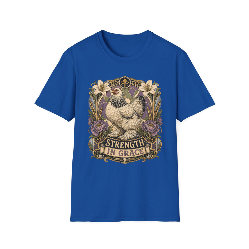 Strength in Grace Brahma Hen T-Shirt — Botanical Rooster Art Tee