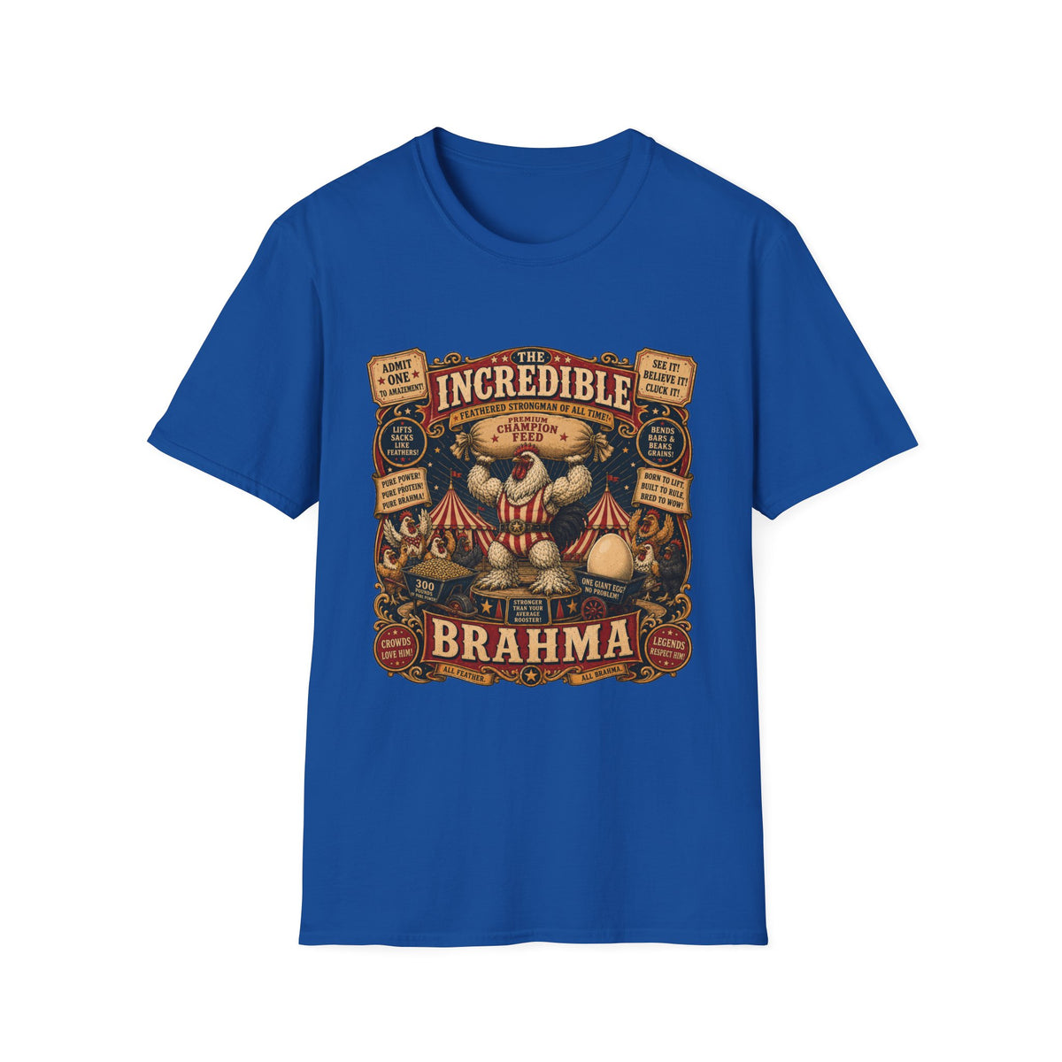Incredible Feathered Strongman Brahma T-Shirt — Circus Poster Rooster Tee
