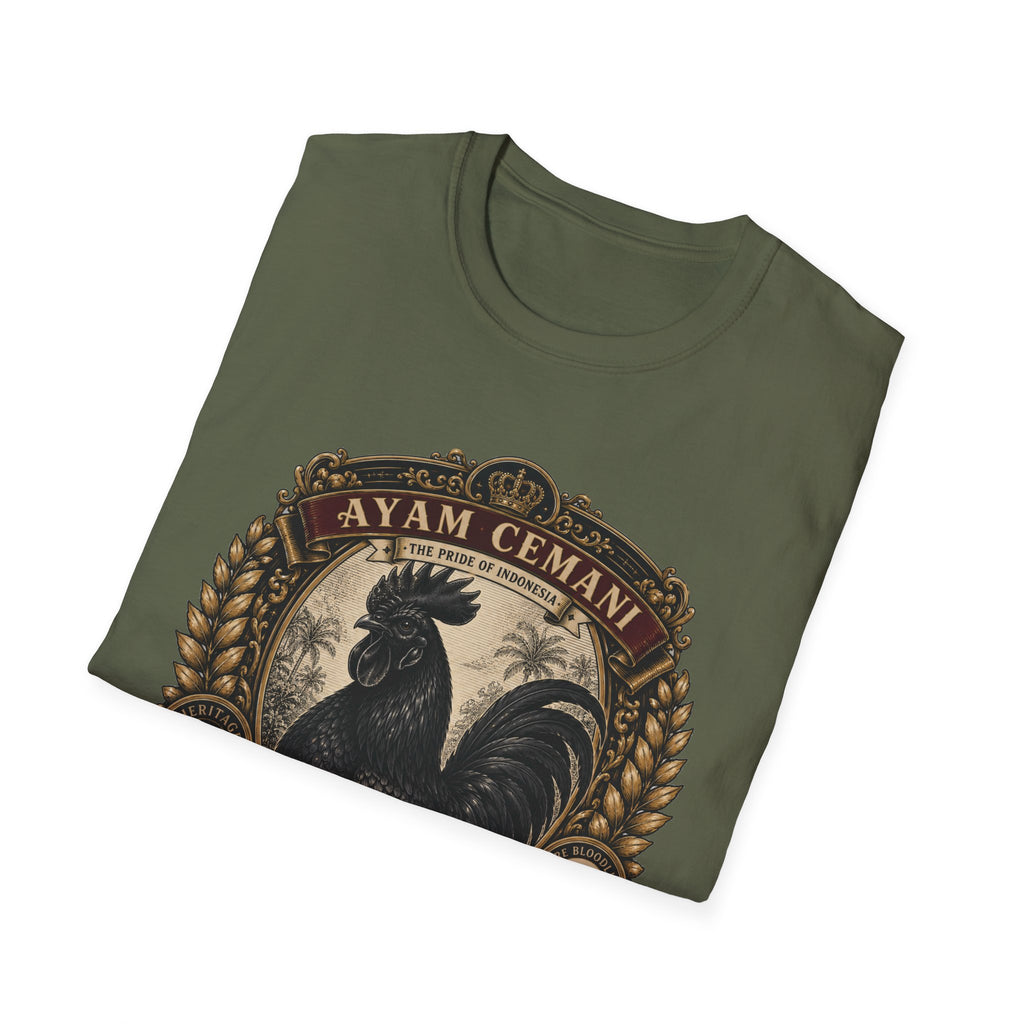 Ayam Cemani Heritage Badge T-Shirt — Rare All-Black Rooster Graphic Tee