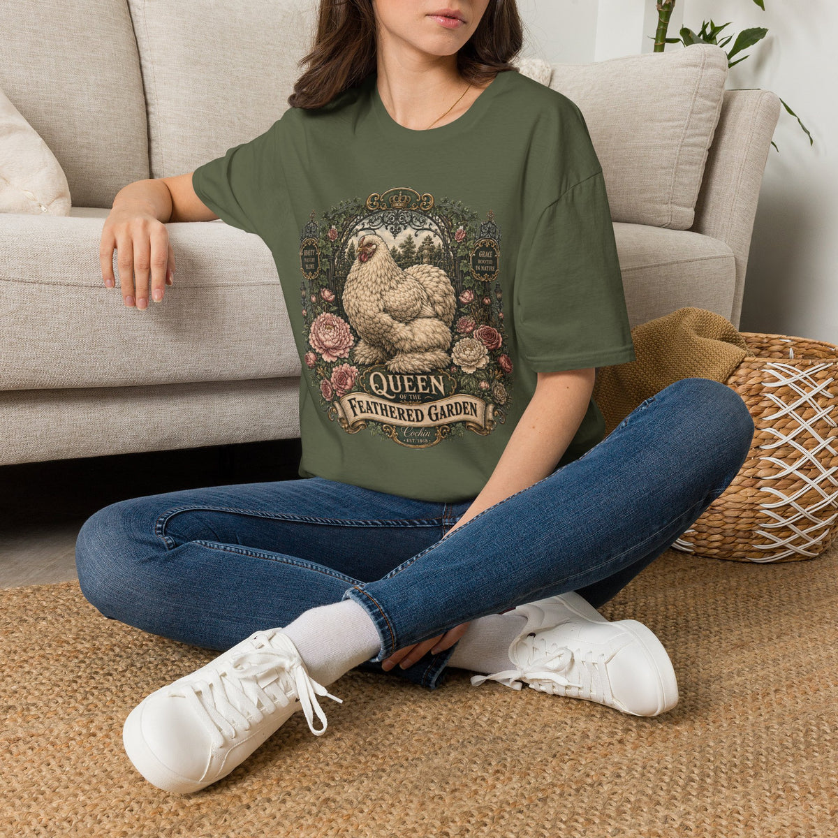 Queen of the Feathered Garden Cochin T-Shirt — Elegant Victorian Hen Tee