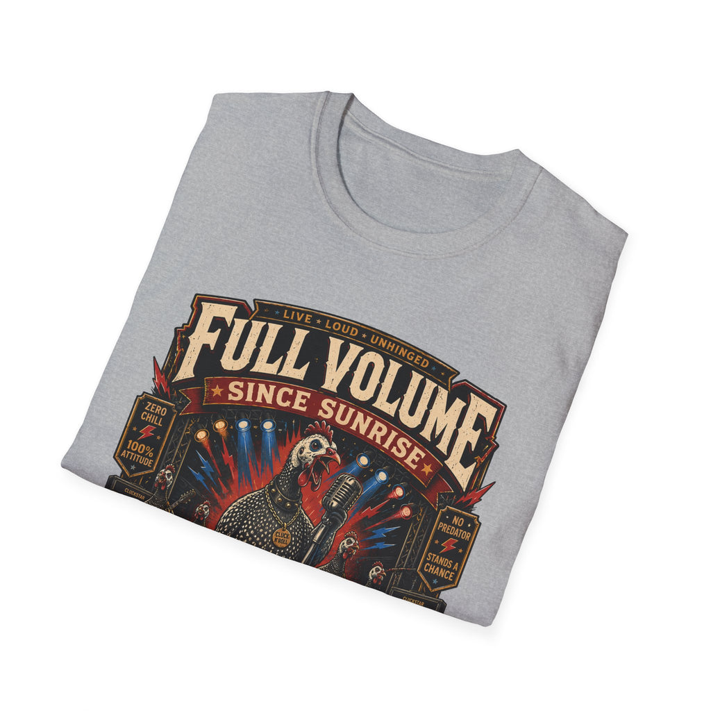 Full Volume Since Sunrise Guinea Fowl T-Shirt — Rock Concert Poultry Poster Tee