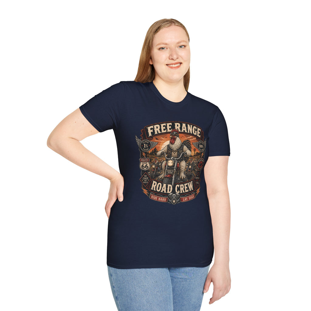 Free Range Road Crew Brahma T-Shirt — Biker Rooster Graphic Tee