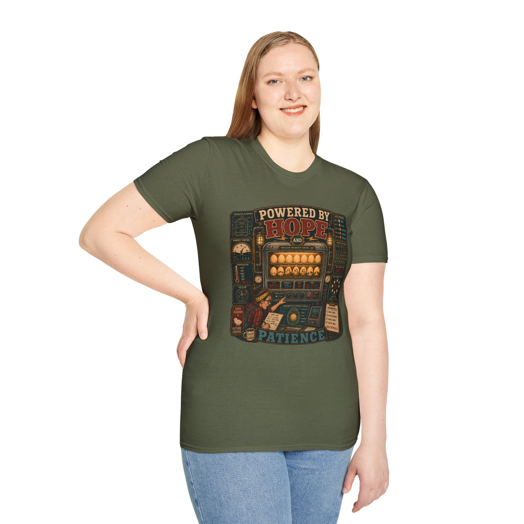 Powered by Hope and Patience T-Shirt — Funny Incubator Homestead Tee