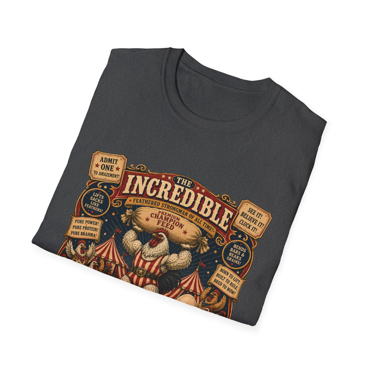 Incredible Feathered Strongman Brahma T-Shirt — Circus Poster Rooster Tee