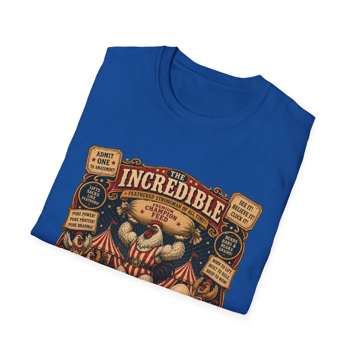 Incredible Feathered Strongman Brahma T-Shirt — Circus Poster Rooster Tee