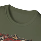 Shadow Samurai Ayam Cemani T-Shirt — Sunset Blossom Warrior Rooster Tee