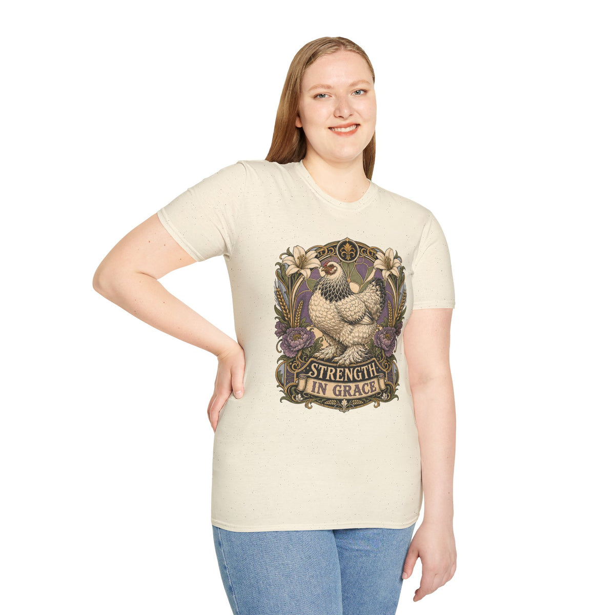 Strength in Grace Brahma Hen T-Shirt — Botanical Rooster Art Tee
