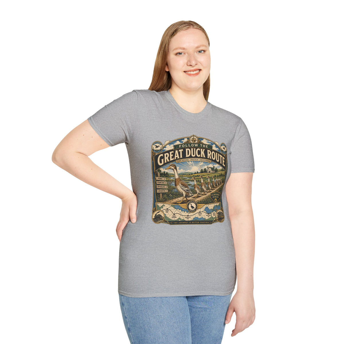 Follow the Great Duck Route T-Shirt — All Who Waddle Are Welcome Tee