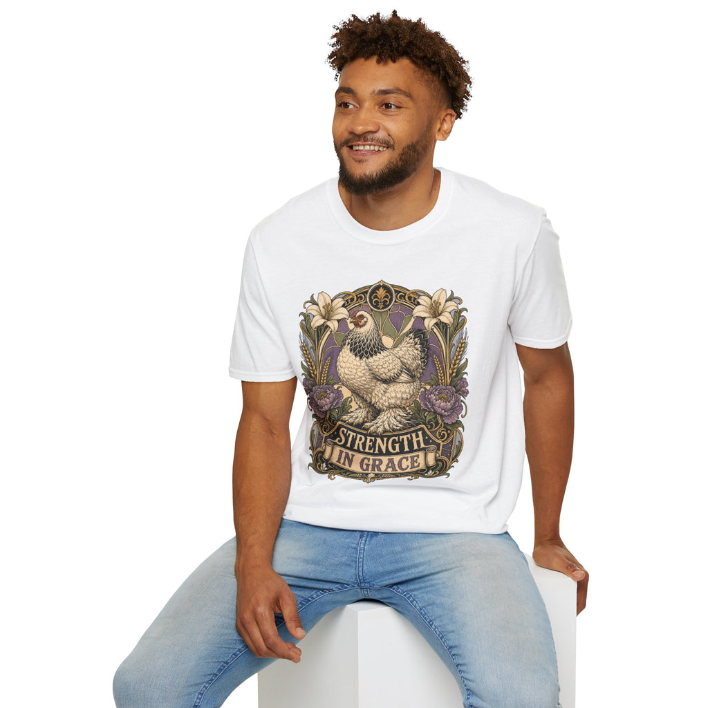 Strength in Grace Brahma Hen T-Shirt — Botanical Rooster Art Tee