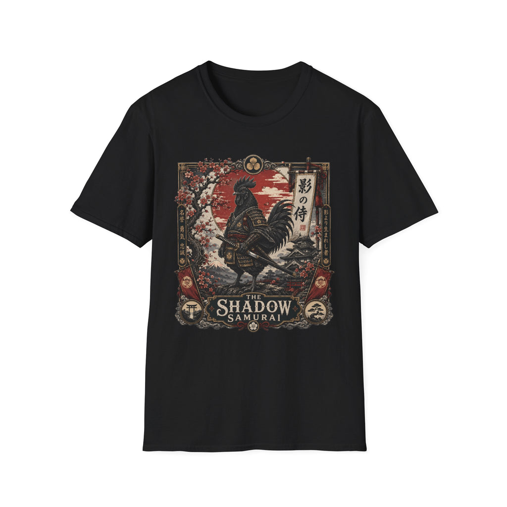Shadow Samurai Ayam Cemani T-Shirt — Sunset Blossom Warrior Rooster Tee