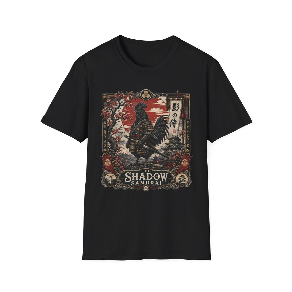 Shadow Samurai Ayam Cemani T-Shirt — Sunset Blossom Warrior Rooster Tee