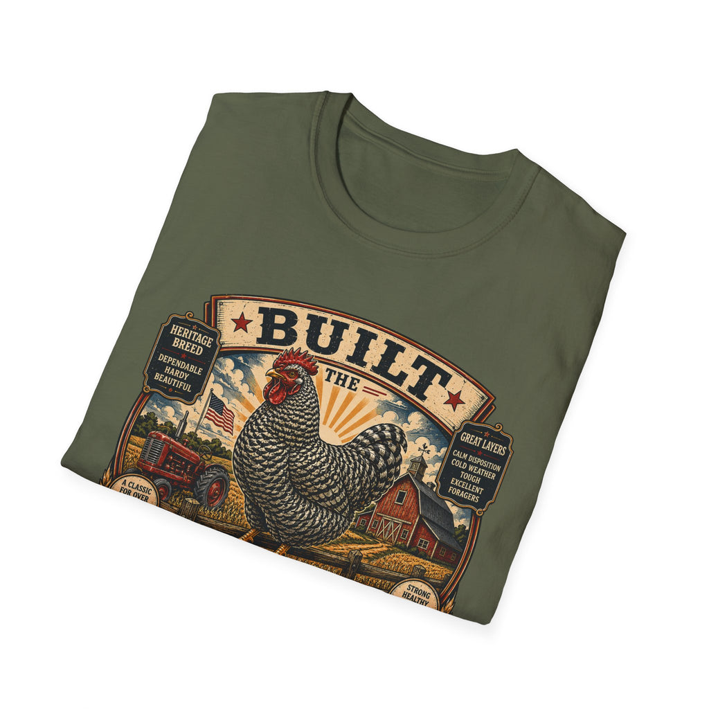 Barred Rock Rooster T-Shirt — "Built the Old Fashioned Way" Farm Vintage Tee
