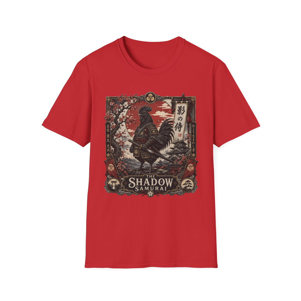 Shadow Samurai Ayam Cemani T-Shirt — Sunset Blossom Warrior Rooster Tee