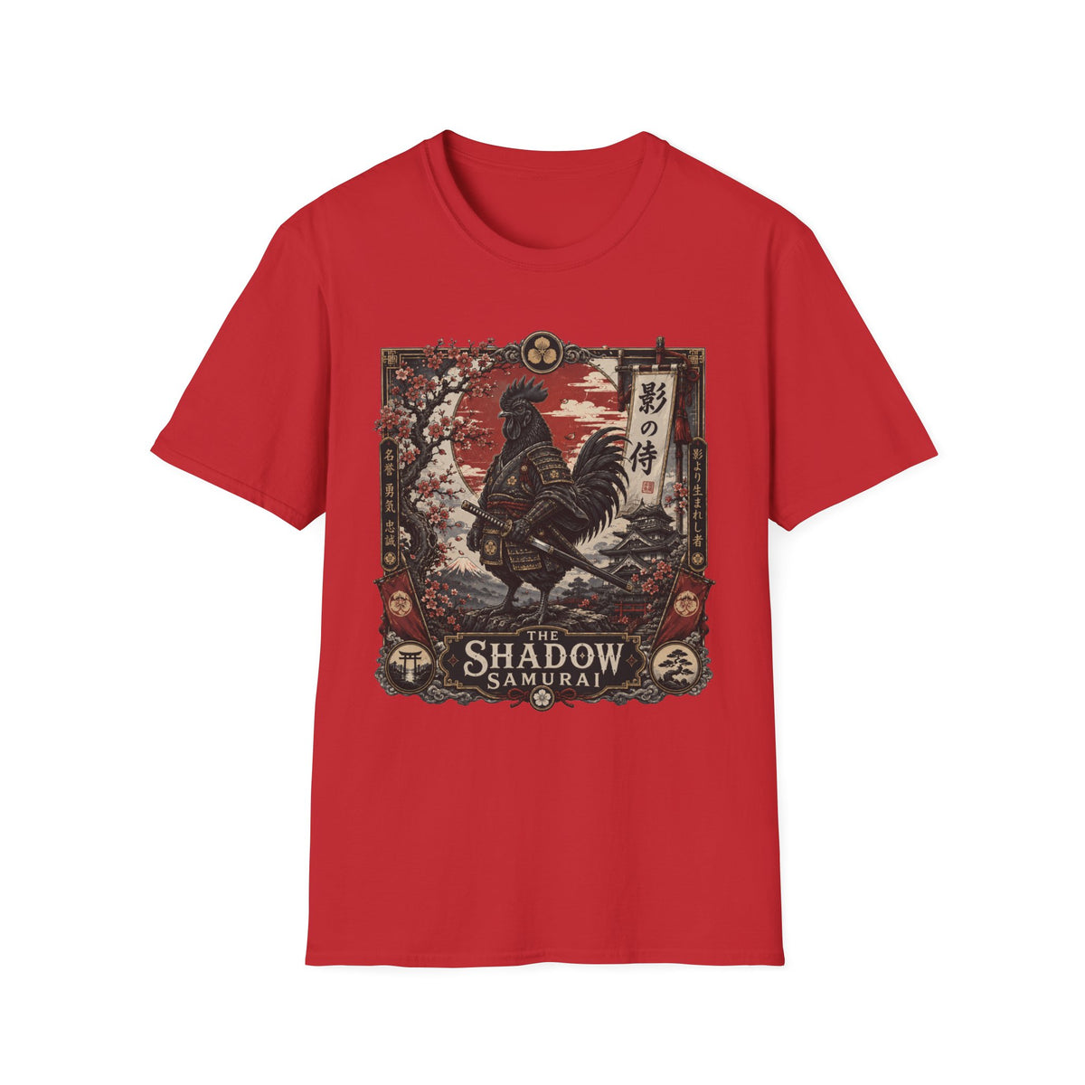 Shadow Samurai Ayam Cemani T-Shirt — Sunset Blossom Warrior Rooster Tee