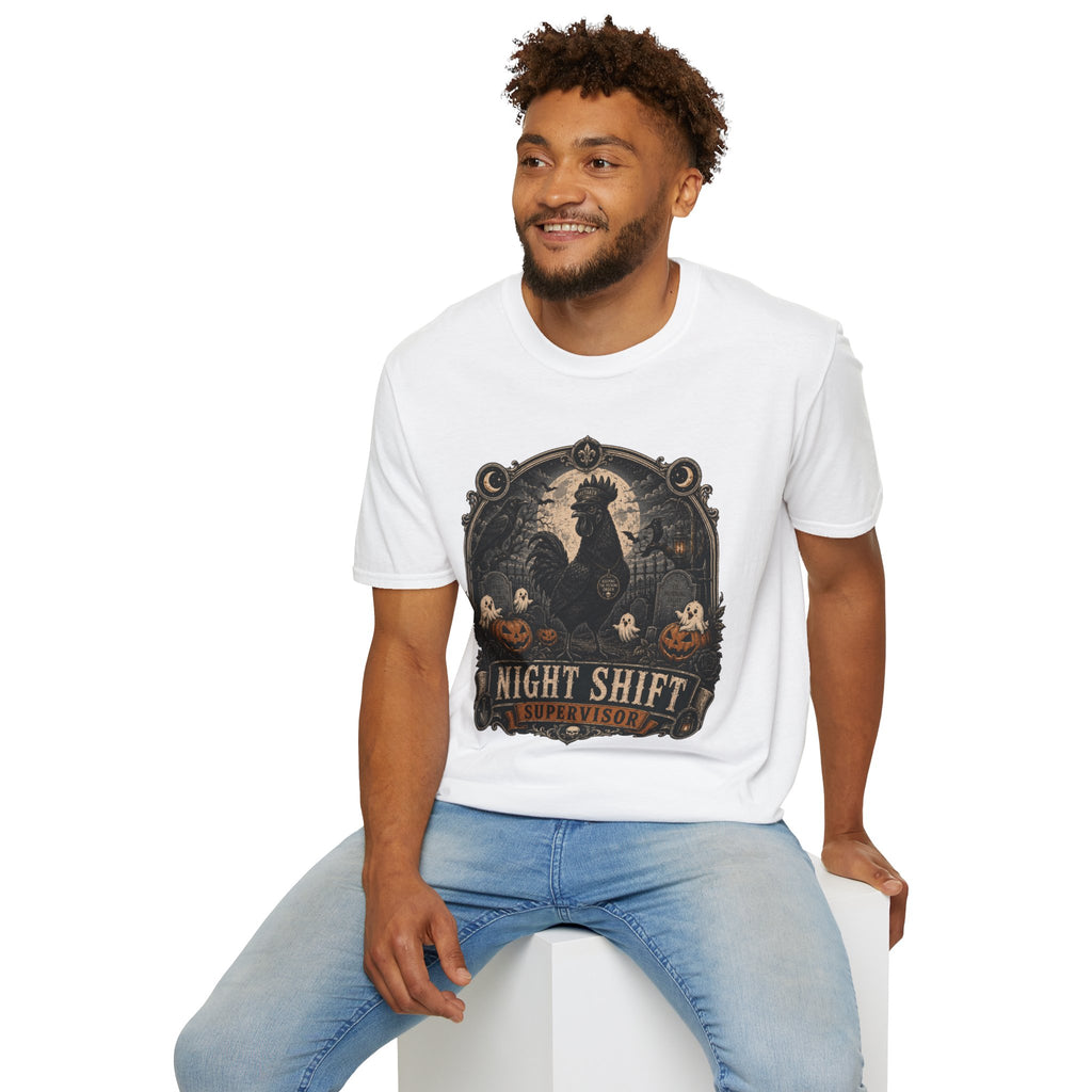 Night Shift Supervisor Ayam Cemani T-Shirt — Caretaker Rooster Graphic Tee
