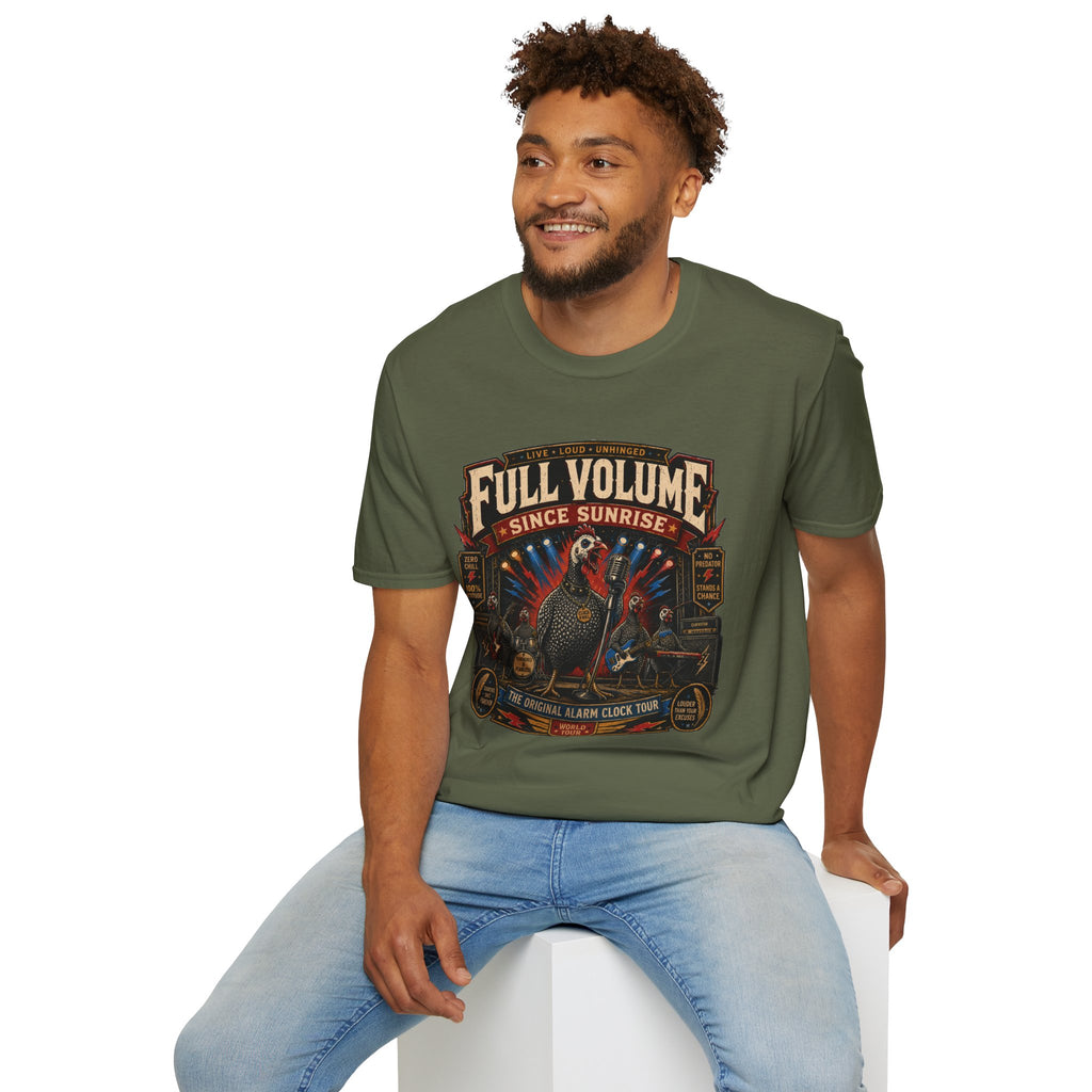 Full Volume Since Sunrise Guinea Fowl T-Shirt — Rock Concert Poultry Poster Tee