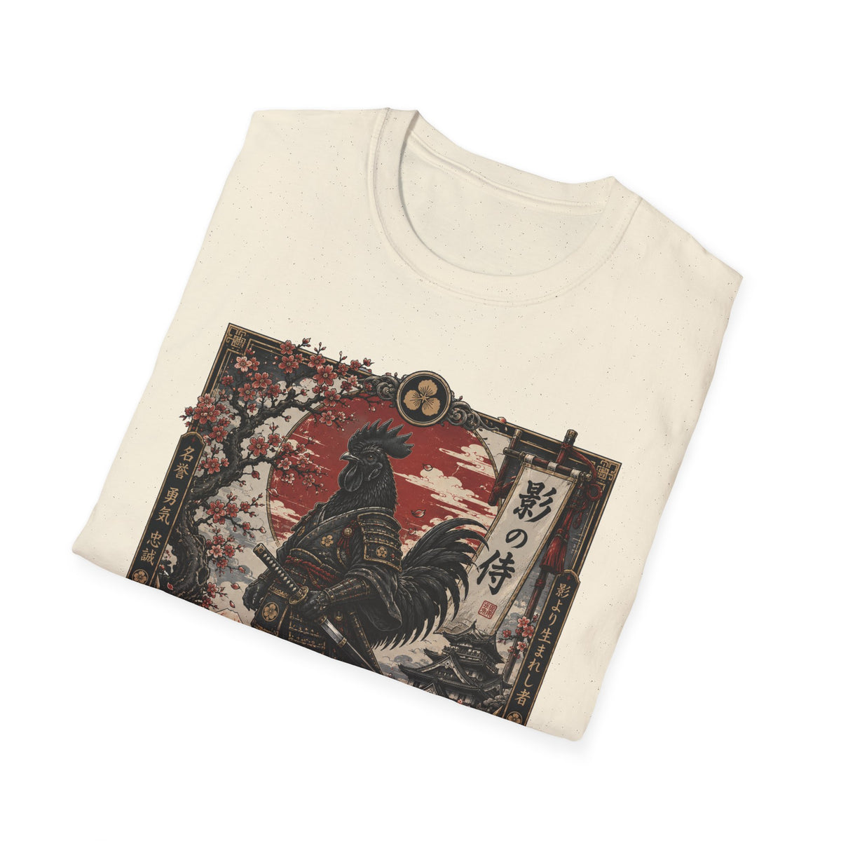 Shadow Samurai Ayam Cemani T-Shirt — Sunset Blossom Warrior Rooster Tee