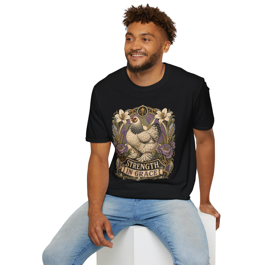Strength in Grace Brahma Hen T-Shirt — Botanical Rooster Art Tee
