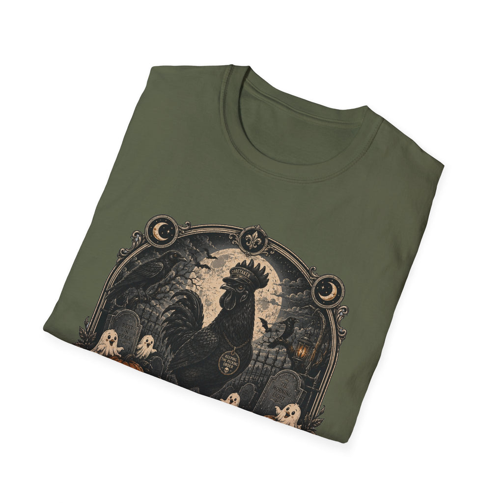 Night Shift Supervisor Ayam Cemani T-Shirt — Caretaker Rooster Graphic Tee
