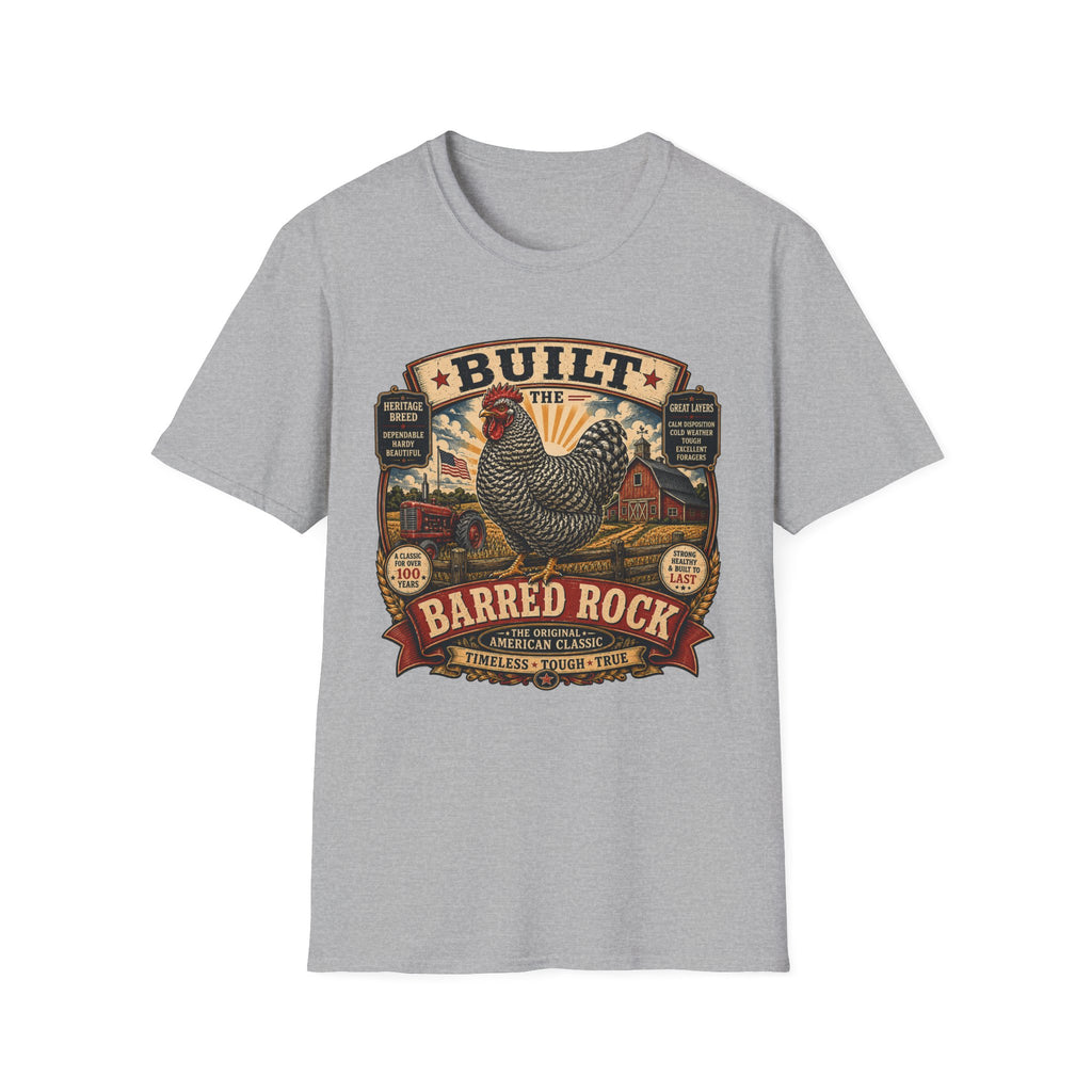 Barred Rock Rooster T-Shirt — "Built the Old Fashioned Way" Farm Vintage Tee