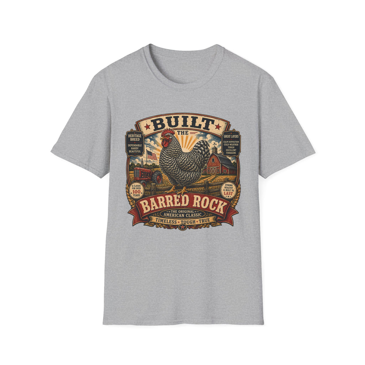 Barred Rock Rooster T-Shirt — "Built the Old Fashioned Way" Farm Vintage Tee