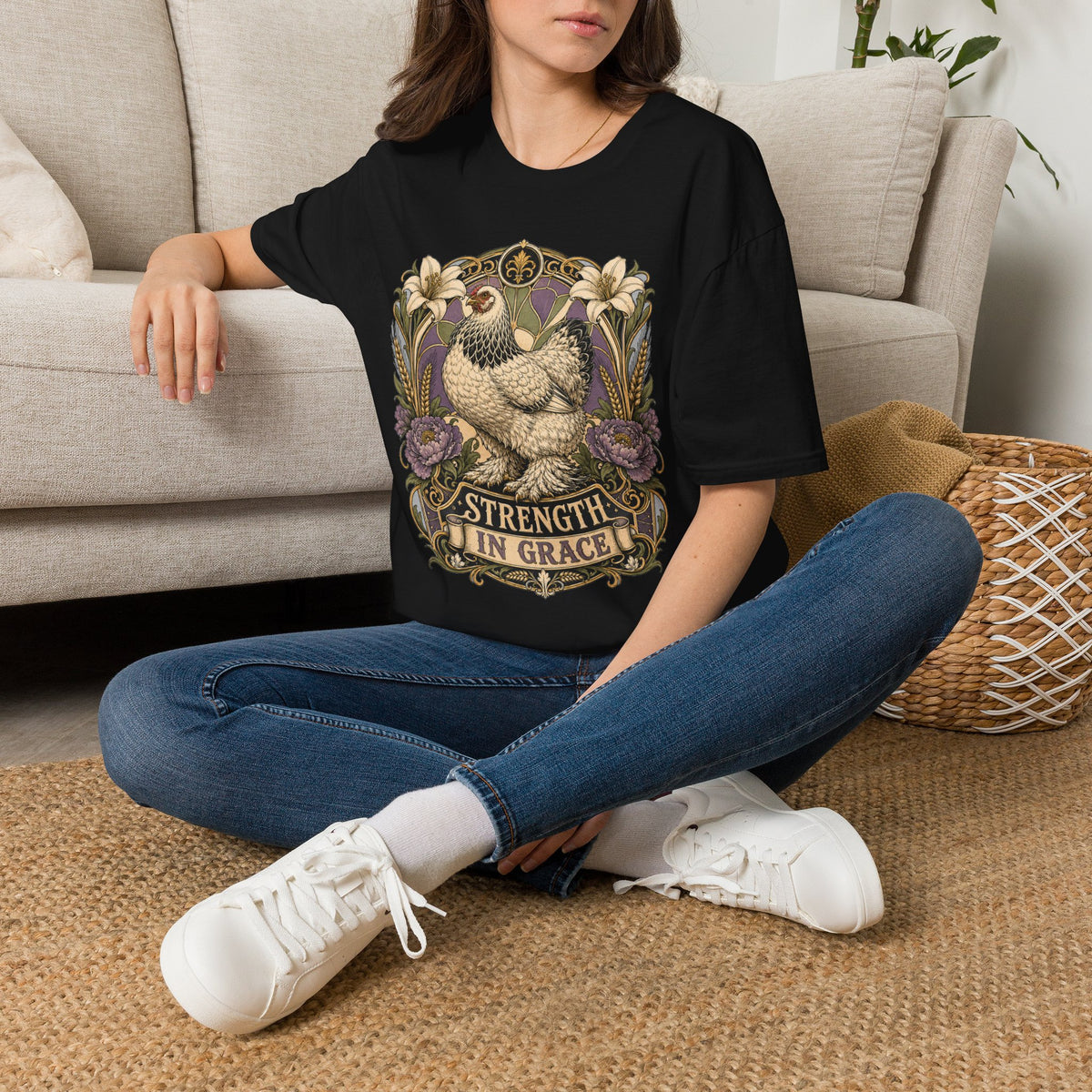 Strength in Grace Brahma Hen T-Shirt — Botanical Rooster Art Tee