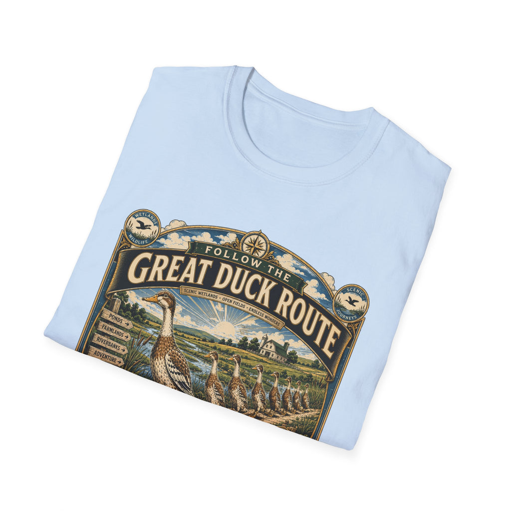Follow the Great Duck Route T-Shirt — All Who Waddle Are Welcome Tee
