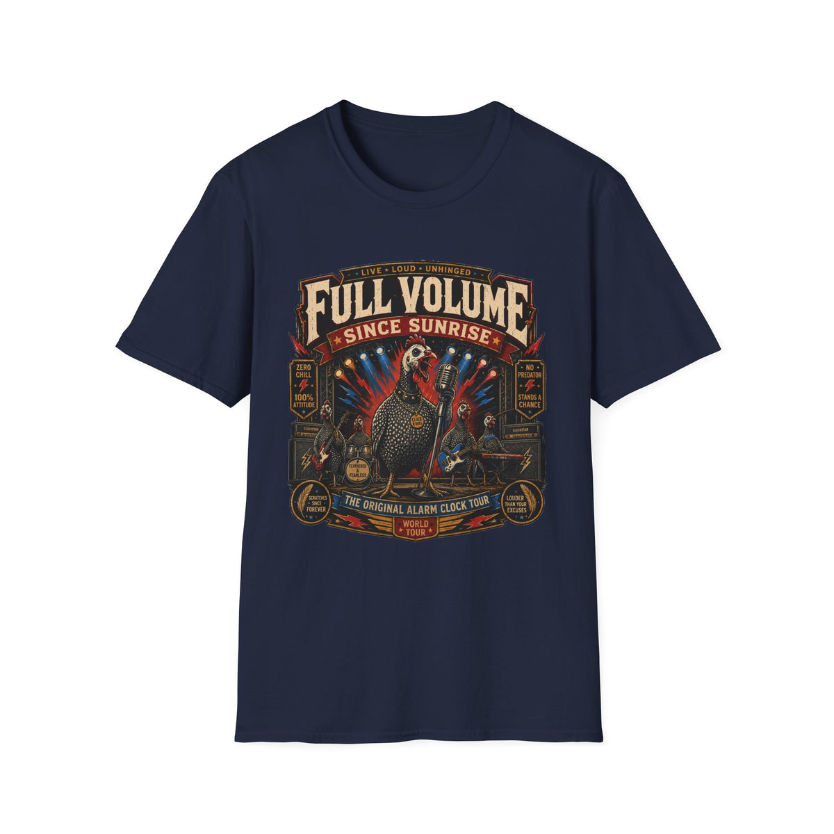 Full Volume Since Sunrise Guinea Fowl T-Shirt — Rock Concert Poultry Poster Tee