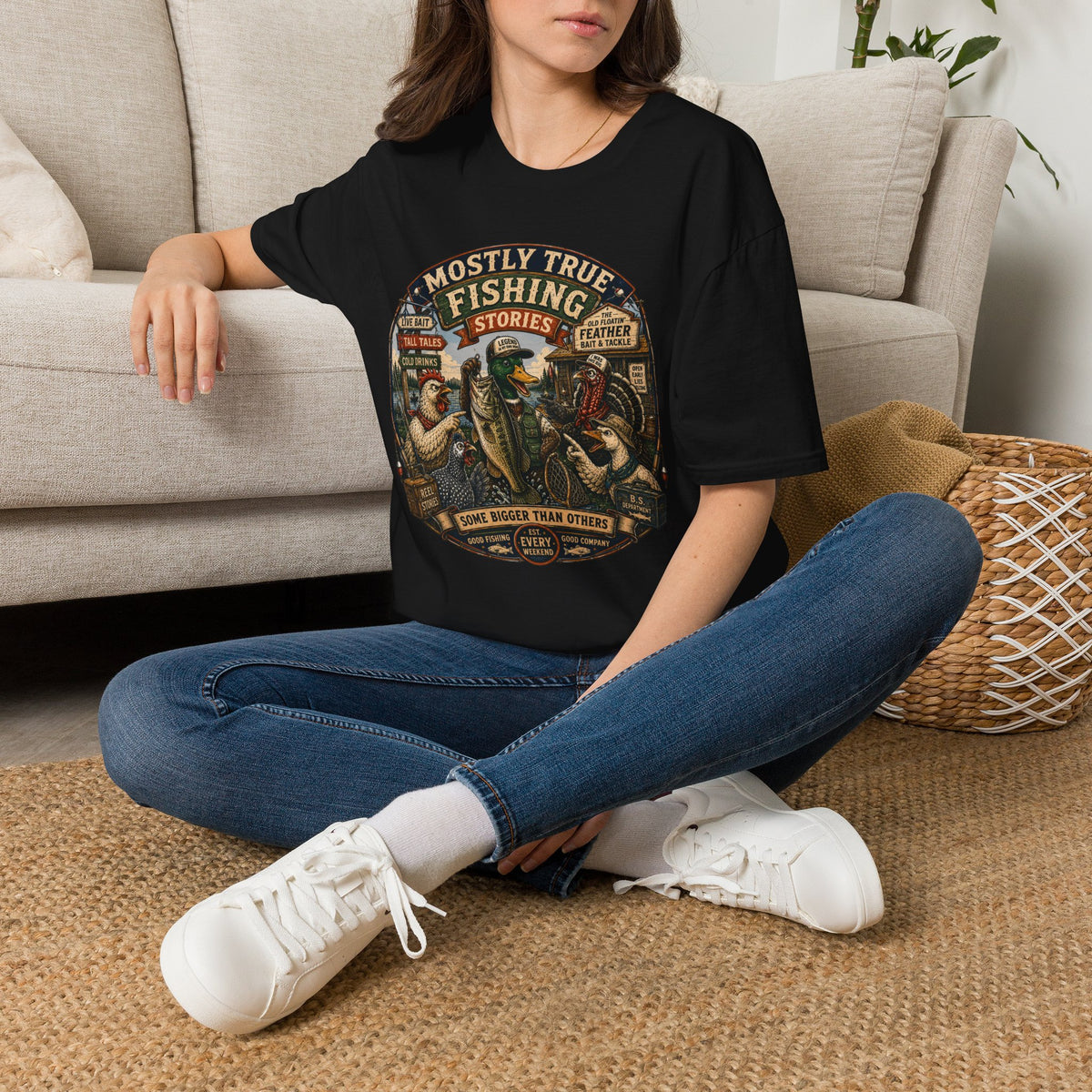 Fishing T-Shirt — "Mostly True Fishing Stories" Vintage Outdoor Tee