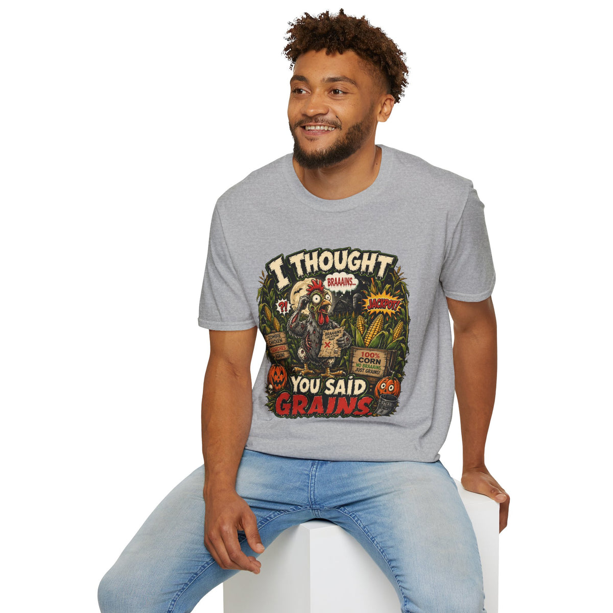 Zombie Chicken's Cornfield Jackpot T-Shirt — "I thought you said GRAINS" Funny Tee