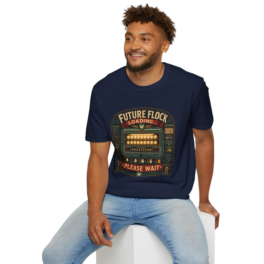 Future Flock Loading Please Wait T-Shirt — Funny Incubator Control Panel Tee