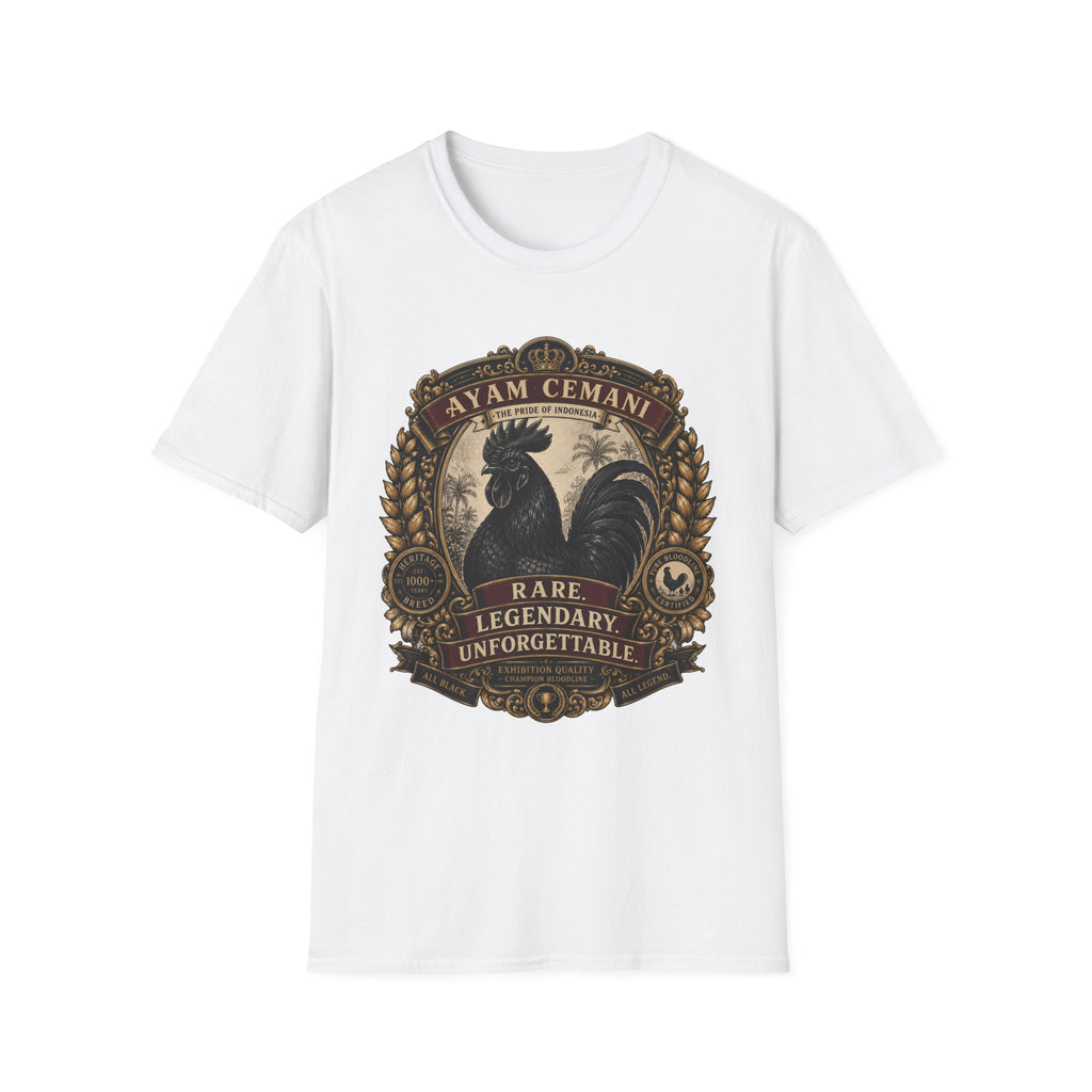 Ayam Cemani Heritage Badge T-Shirt — Rare All-Black Rooster Graphic Tee
