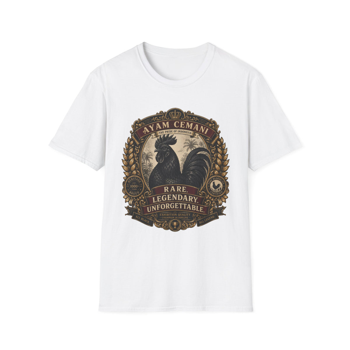 Ayam Cemani Heritage Badge T-Shirt — Rare All-Black Rooster Graphic Tee