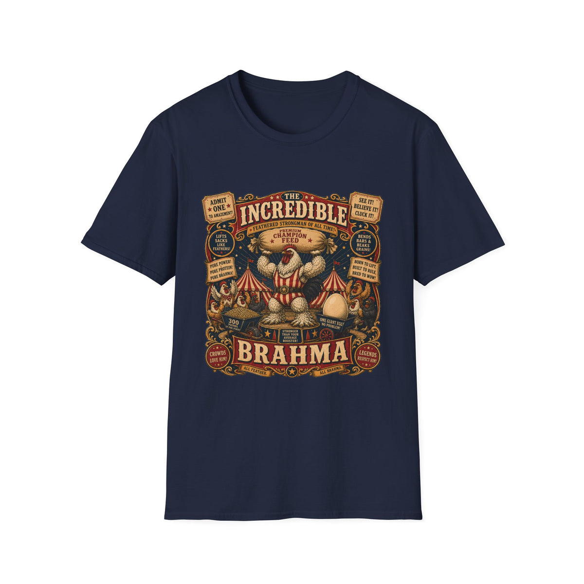 Incredible Feathered Strongman Brahma T-Shirt — Circus Poster Rooster Tee