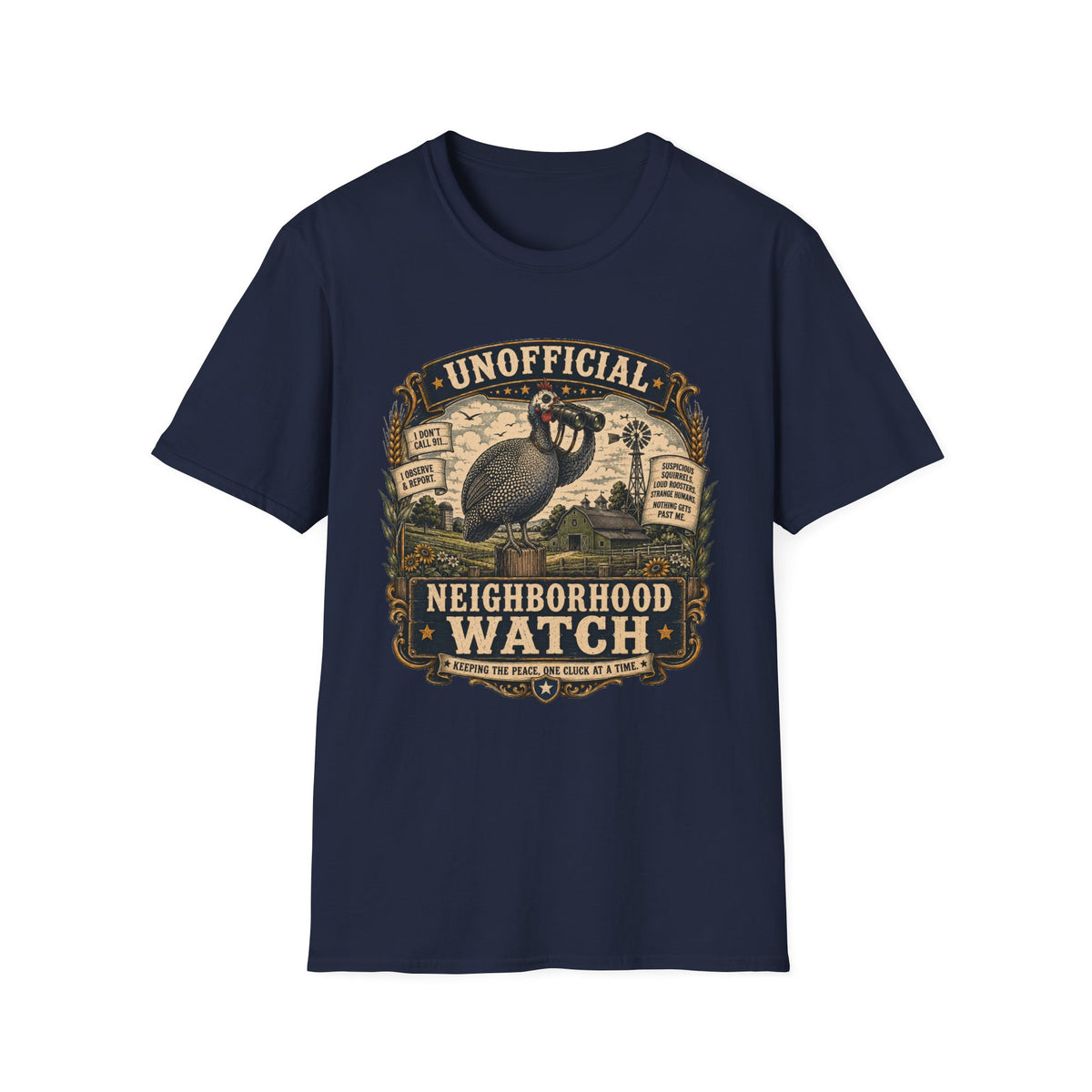 Unofficial Neighborhood Watch Guinea Fowl T-Shirt — Vintage Badge Farm Tee