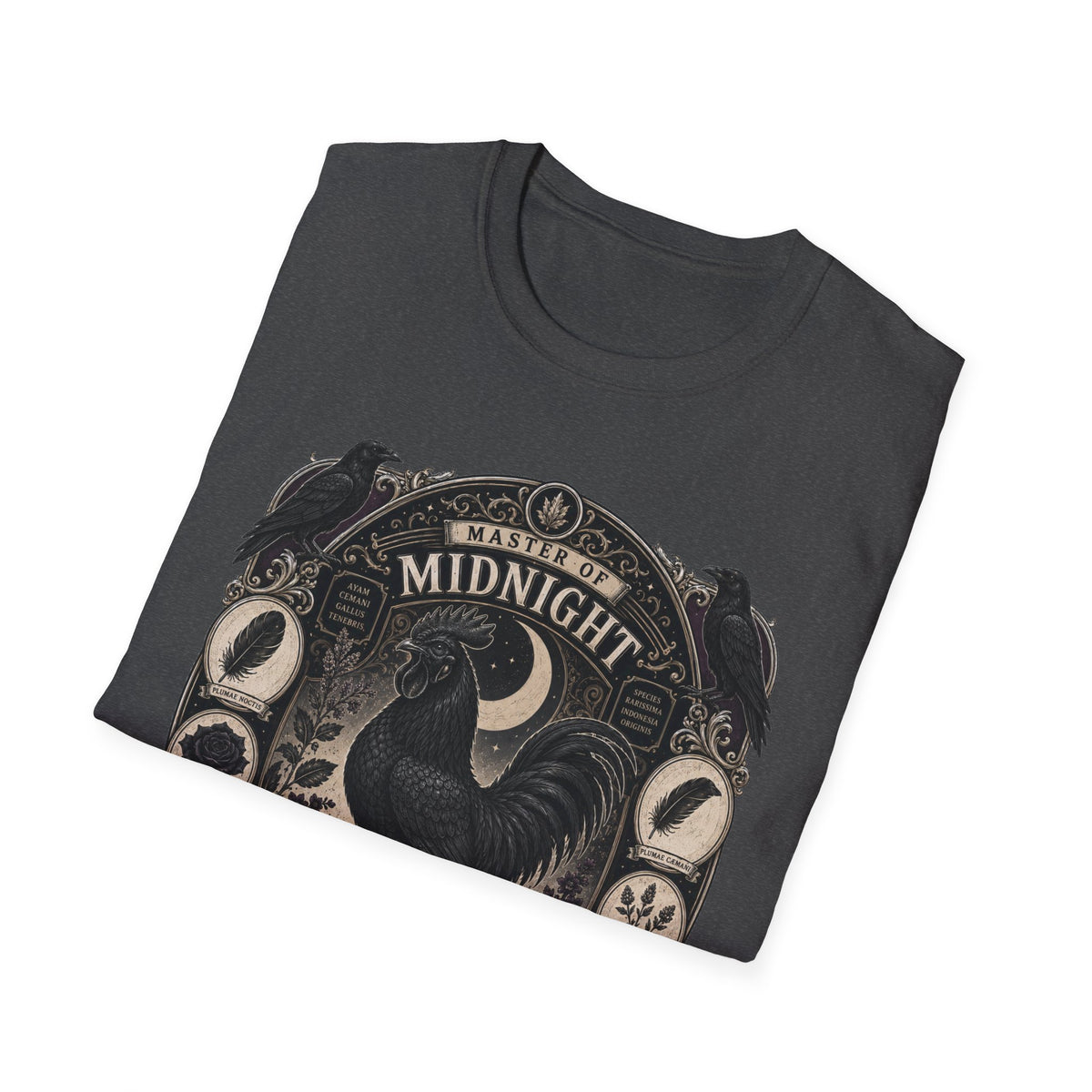 Master of Midnight Feathers Ayam Cemani T-Shirt — Gothic Rooster Graphic Tee