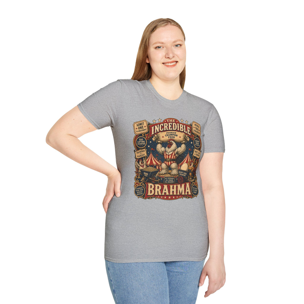 Incredible Feathered Strongman Brahma T-Shirt — Vintage Poster Rooster Tee