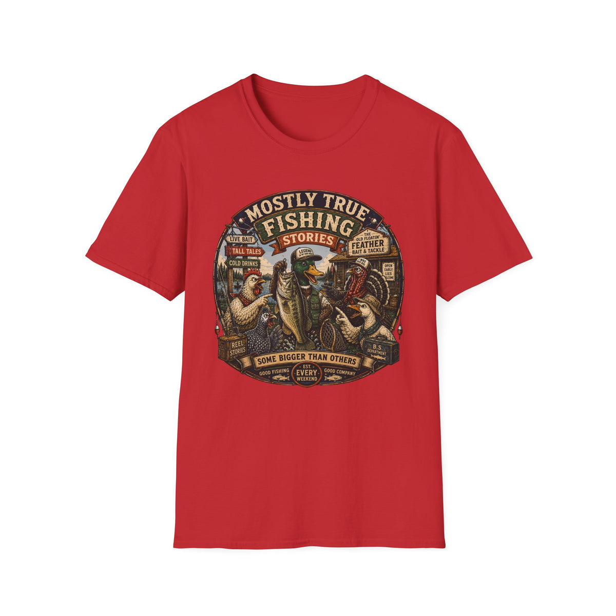 Fishing T-Shirt — "Mostly True Fishing Stories" Vintage Outdoor Tee
