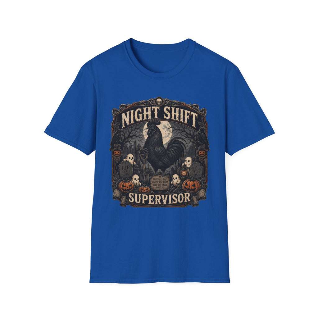 Night Shift Supervisor Ayam Cemani T-Shirt — Graveyard Rooster Graphic Tee